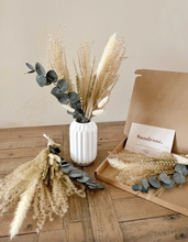Load image into Gallery viewer, Green &amp; Gold Christmas Letterbox Flowers With Eucalyptus &amp; Pampas
